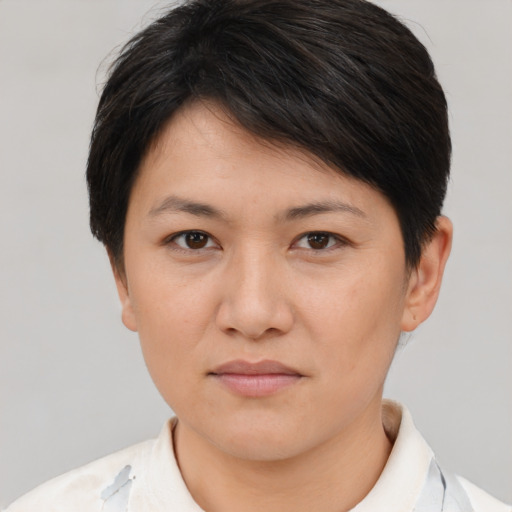Joyful asian young-adult female with short  brown hair and brown eyes