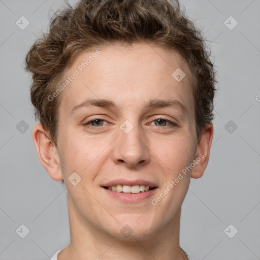 Joyful white adult female with short  brown hair and grey eyes