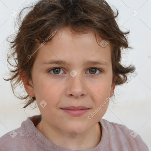 Joyful white child female with medium  brown hair and brown eyes