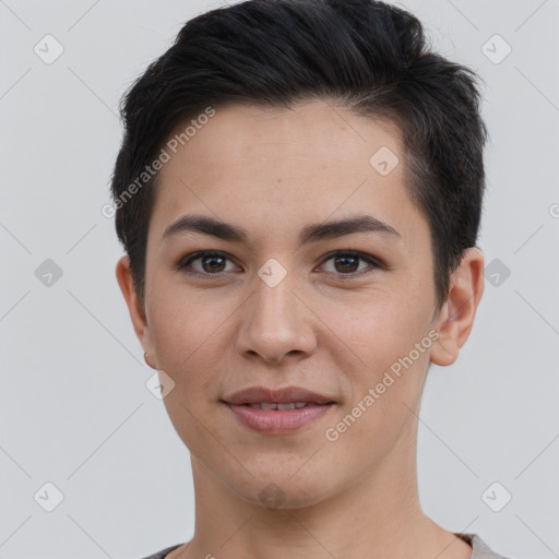 Joyful white young-adult female with short  brown hair and brown eyes