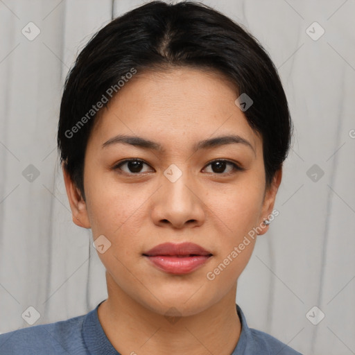 Joyful asian young-adult female with short  brown hair and brown eyes