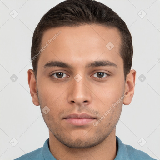 Neutral white young-adult male with short  brown hair and brown eyes