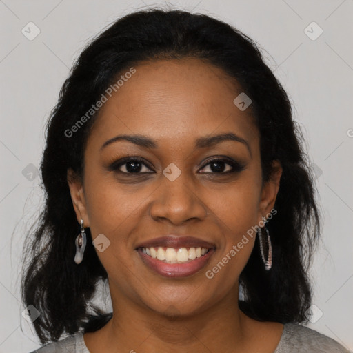 Joyful black young-adult female with medium  black hair and brown eyes