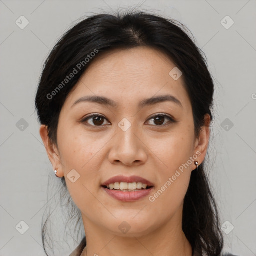 Joyful white young-adult female with medium  brown hair and brown eyes