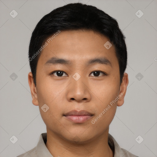 Neutral asian young-adult male with short  black hair and brown eyes