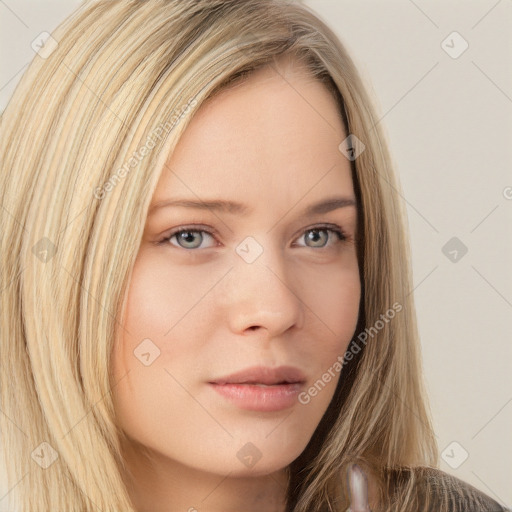 Neutral white young-adult female with long  brown hair and brown eyes