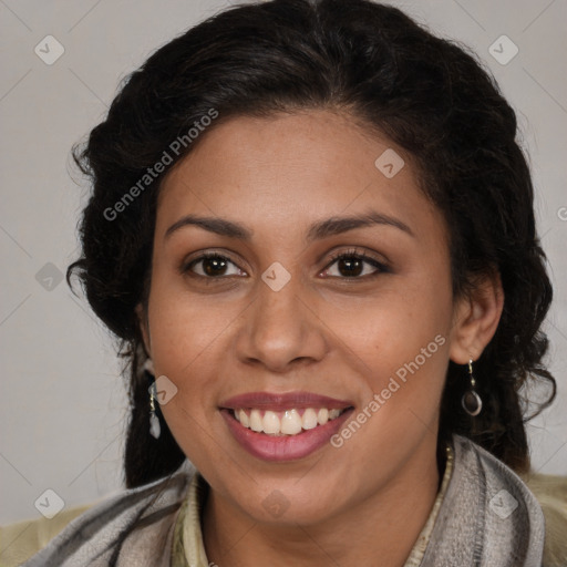 Joyful latino young-adult female with long  brown hair and brown eyes