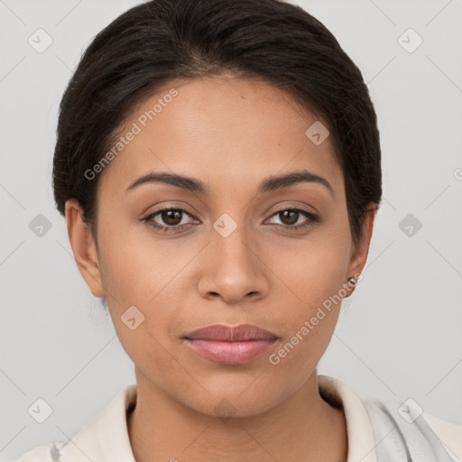 Neutral white young-adult female with short  brown hair and brown eyes