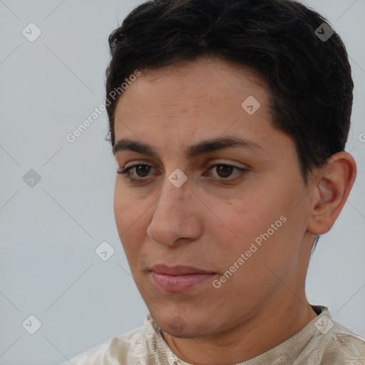 Neutral white young-adult female with short  brown hair and brown eyes