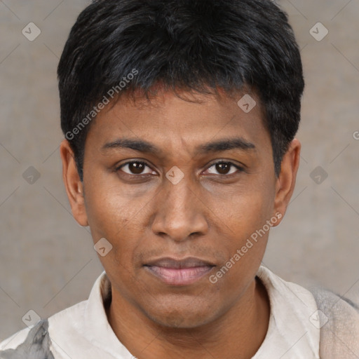 Neutral latino young-adult male with short  black hair and brown eyes