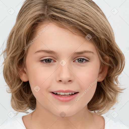 Joyful white child female with medium  brown hair and brown eyes