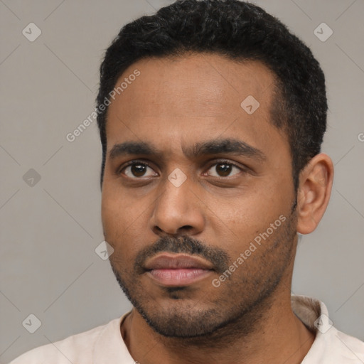 Neutral latino young-adult male with short  black hair and brown eyes