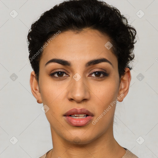 Neutral latino young-adult female with short  black hair and brown eyes