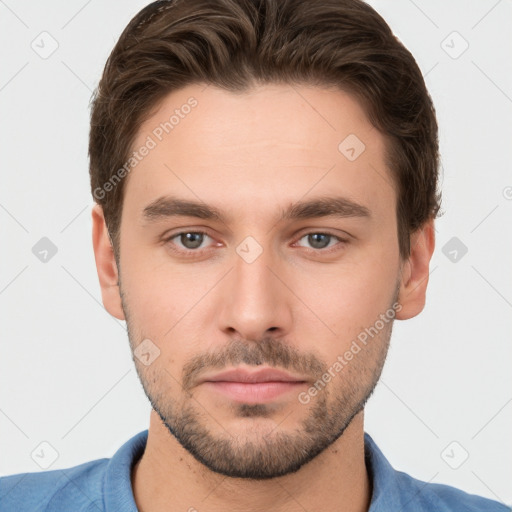 Neutral white young-adult male with short  brown hair and brown eyes