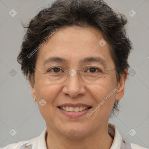 Joyful white adult female with short  brown hair and brown eyes