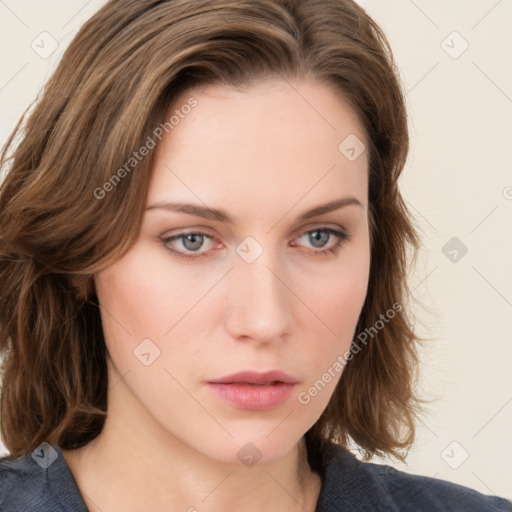 Neutral white young-adult female with medium  brown hair and blue eyes