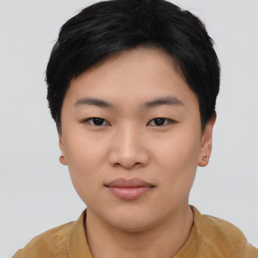 Neutral asian young-adult female with short  black hair and brown eyes