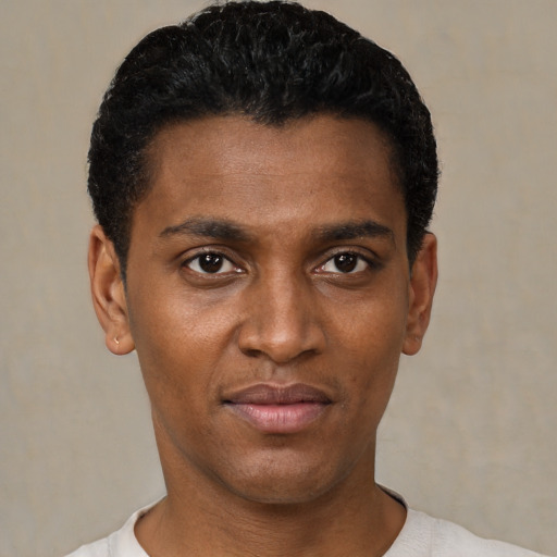Neutral black young-adult male with short  black hair and brown eyes