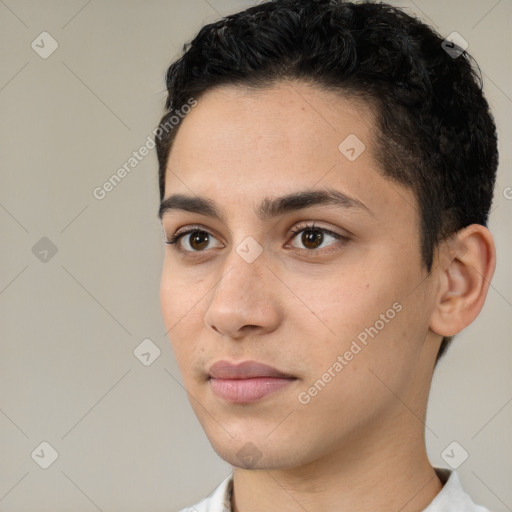 Neutral white young-adult male with short  brown hair and brown eyes