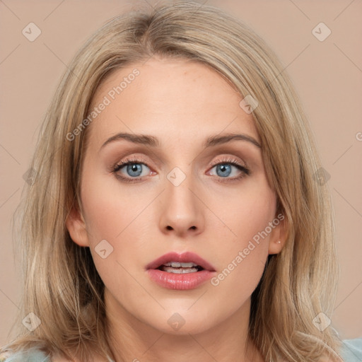 Neutral white young-adult female with long  brown hair and grey eyes