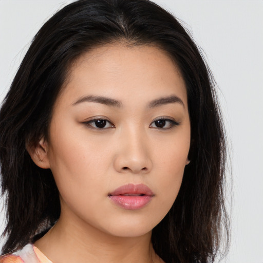 Neutral asian young-adult female with long  brown hair and brown eyes