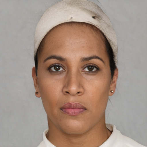 Neutral white young-adult female with short  black hair and brown eyes