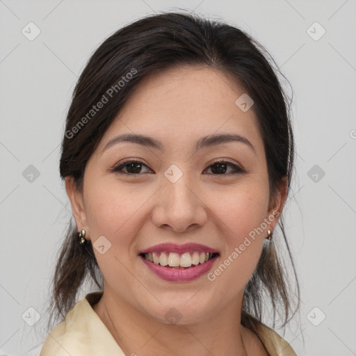 Joyful white young-adult female with medium  brown hair and brown eyes