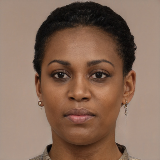 Neutral black young-adult female with short  black hair and brown eyes