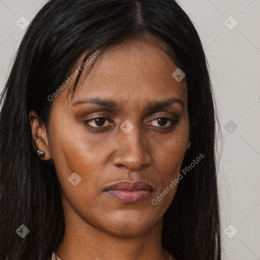 Joyful asian young-adult female with long  brown hair and brown eyes