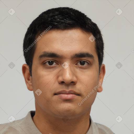 Neutral asian young-adult male with short  black hair and brown eyes
