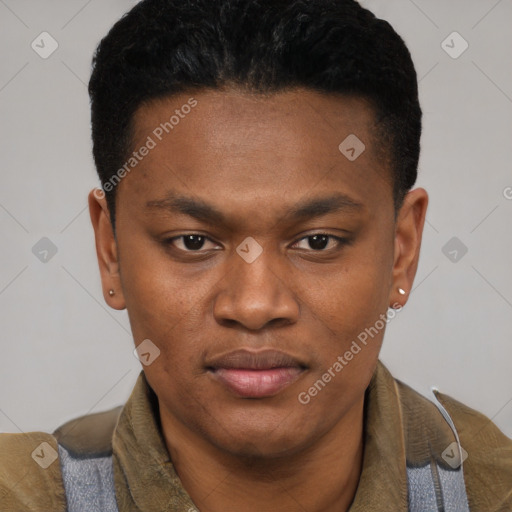 Joyful black young-adult male with short  brown hair and brown eyes