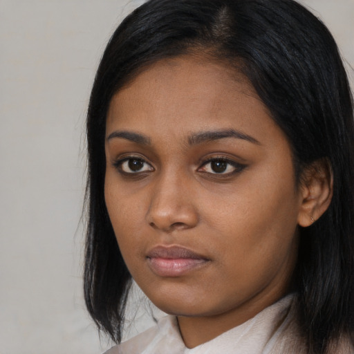 Neutral asian young-adult female with long  black hair and brown eyes