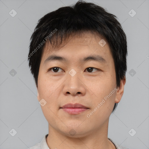 Neutral asian young-adult male with short  black hair and brown eyes