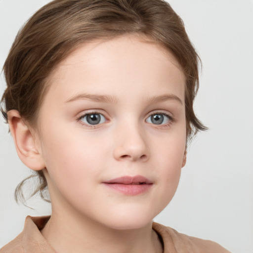 Neutral white child female with medium  brown hair and blue eyes