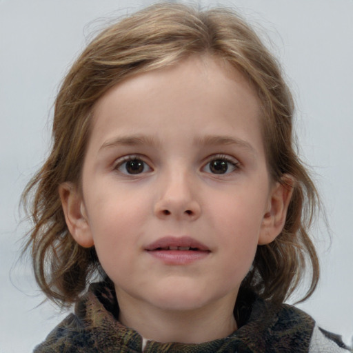 Neutral white child female with medium  brown hair and blue eyes