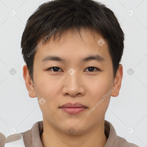 Neutral asian young-adult male with short  brown hair and brown eyes