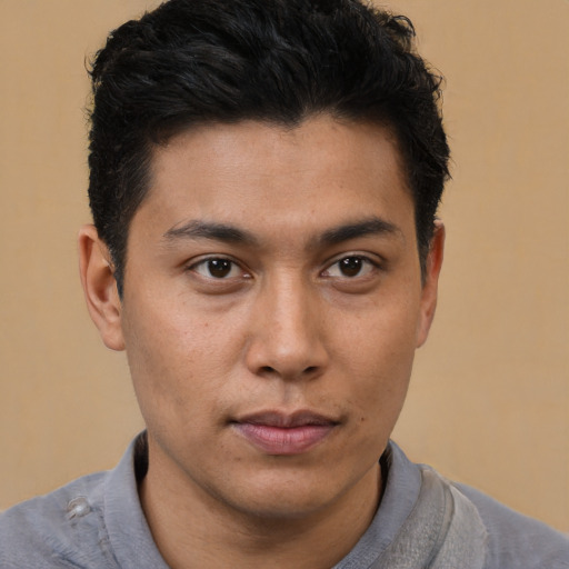 Neutral asian young-adult male with short  brown hair and brown eyes