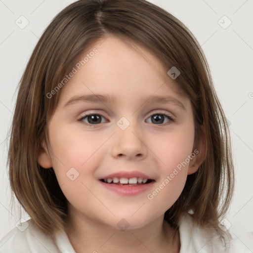 Joyful white child female with medium  brown hair and brown eyes