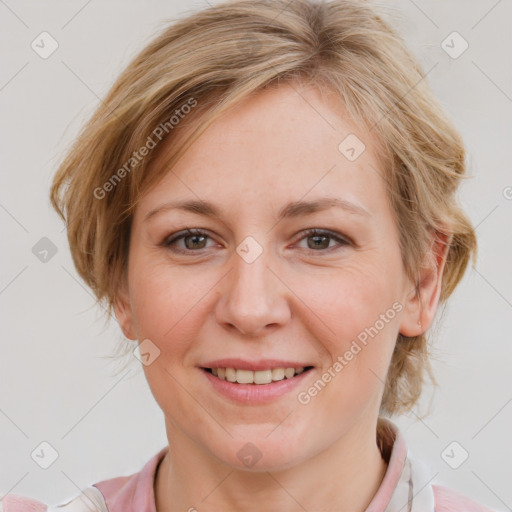 Joyful white young-adult female with medium  brown hair and blue eyes