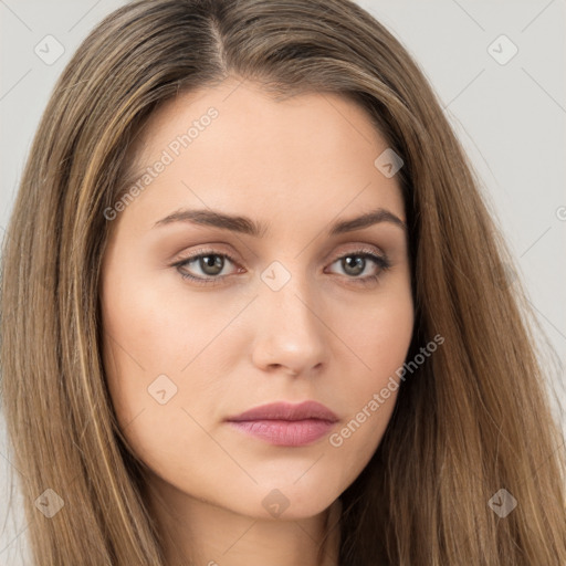 Neutral white young-adult female with long  brown hair and brown eyes