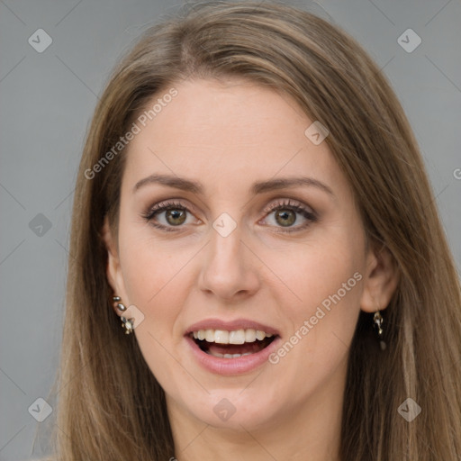 Joyful white young-adult female with long  brown hair and grey eyes