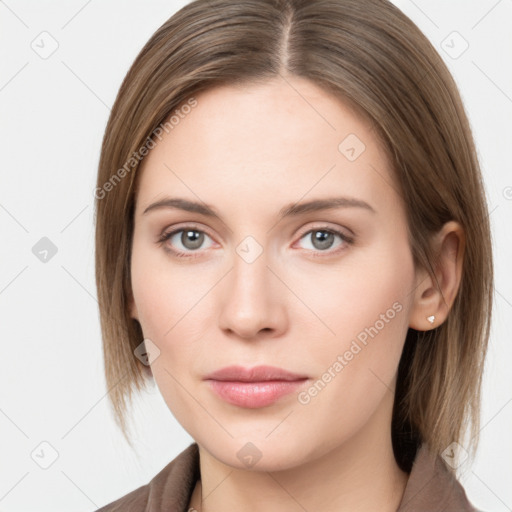 Neutral white young-adult female with medium  brown hair and grey eyes