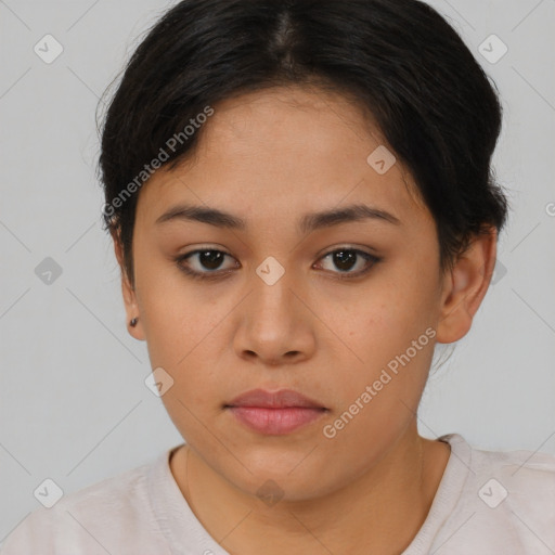 Neutral asian young-adult female with short  brown hair and brown eyes