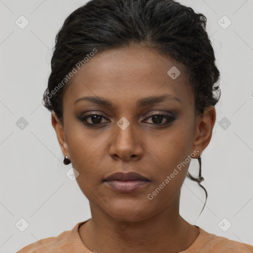Neutral black young-adult female with short  brown hair and brown eyes