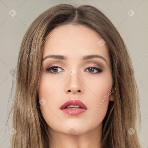 Neutral white young-adult female with long  brown hair and brown eyes