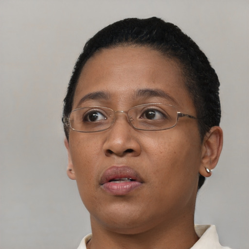 Neutral black young-adult female with short  brown hair and brown eyes