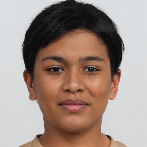 Joyful asian young-adult female with short  black hair and brown eyes