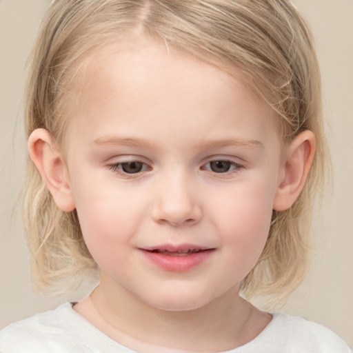 Joyful white child female with medium  brown hair and brown eyes