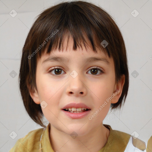 Joyful white child female with medium  brown hair and brown eyes