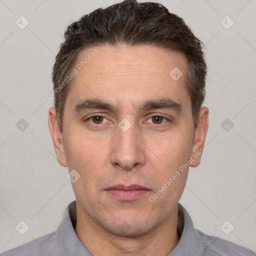 Neutral white adult male with short  brown hair and brown eyes